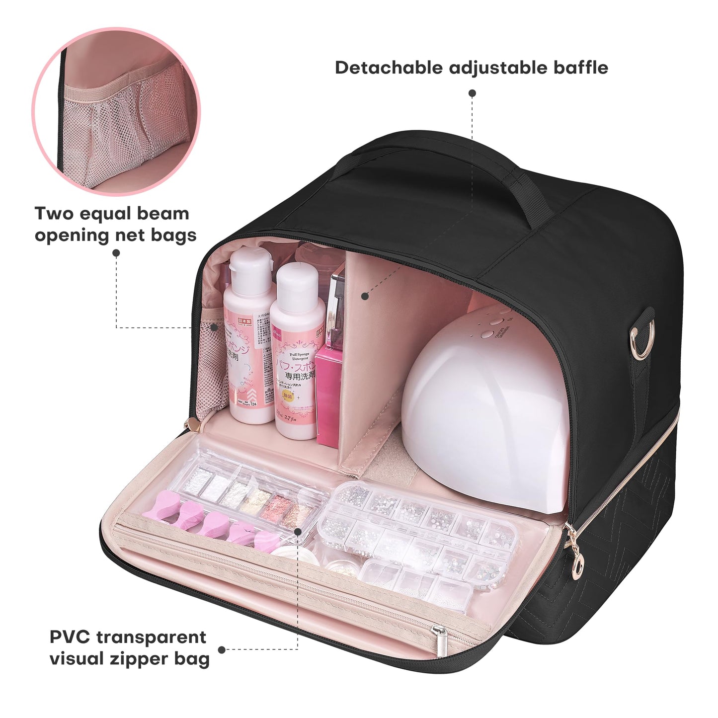 Leudes Nail Polish Organizer and Storage Holder 42 Bottles&Manicure Kit &Nail Lamp,Nail Stuff Bag Organizer Travel Case for Nail Tech Supplies Accessories Manicure Tools (Black)