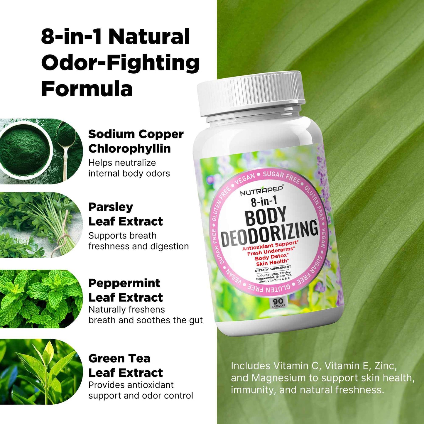 NutraPep Body Deodorizing Supplement - Odor Eliminator & Internal Deodorant Pills for Fresh Breath Skin Health & Detox - Full Body Deodorizer Capsules with Chlorophyll Complex Vitamins for Women Men