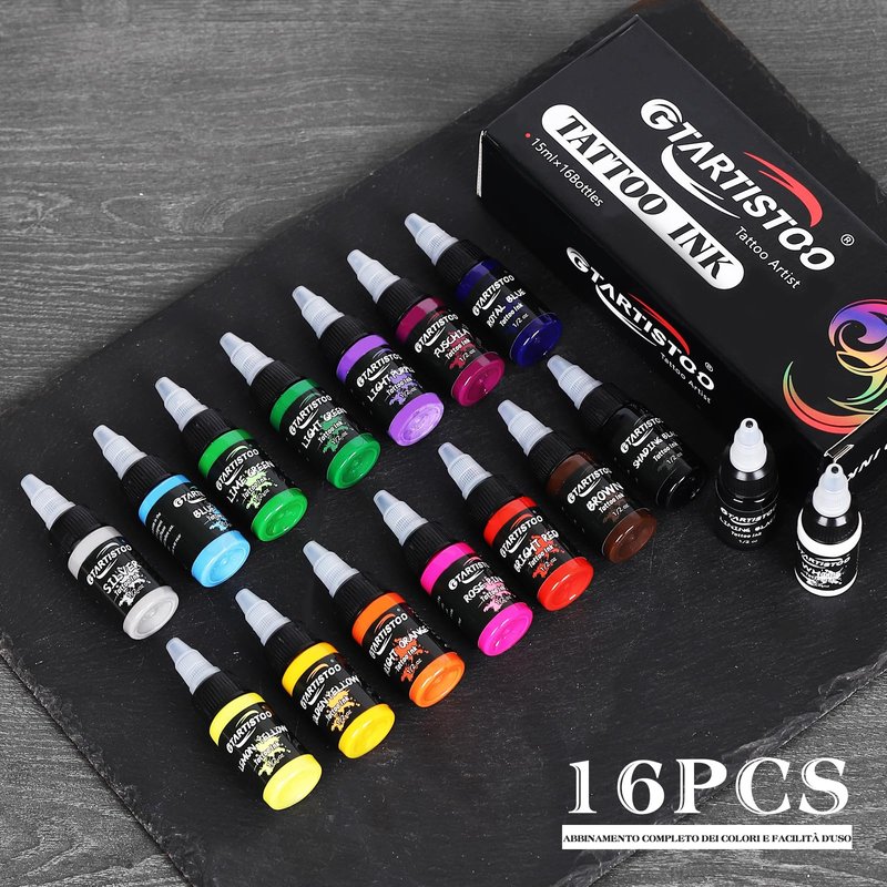 GTARTISTOO Tattoo Ink Set 16 Colors 1/2 oz (15ml) Professional Vegan-Friendly Tattoo Pigment Supplies Kit Color Inks for Beginners