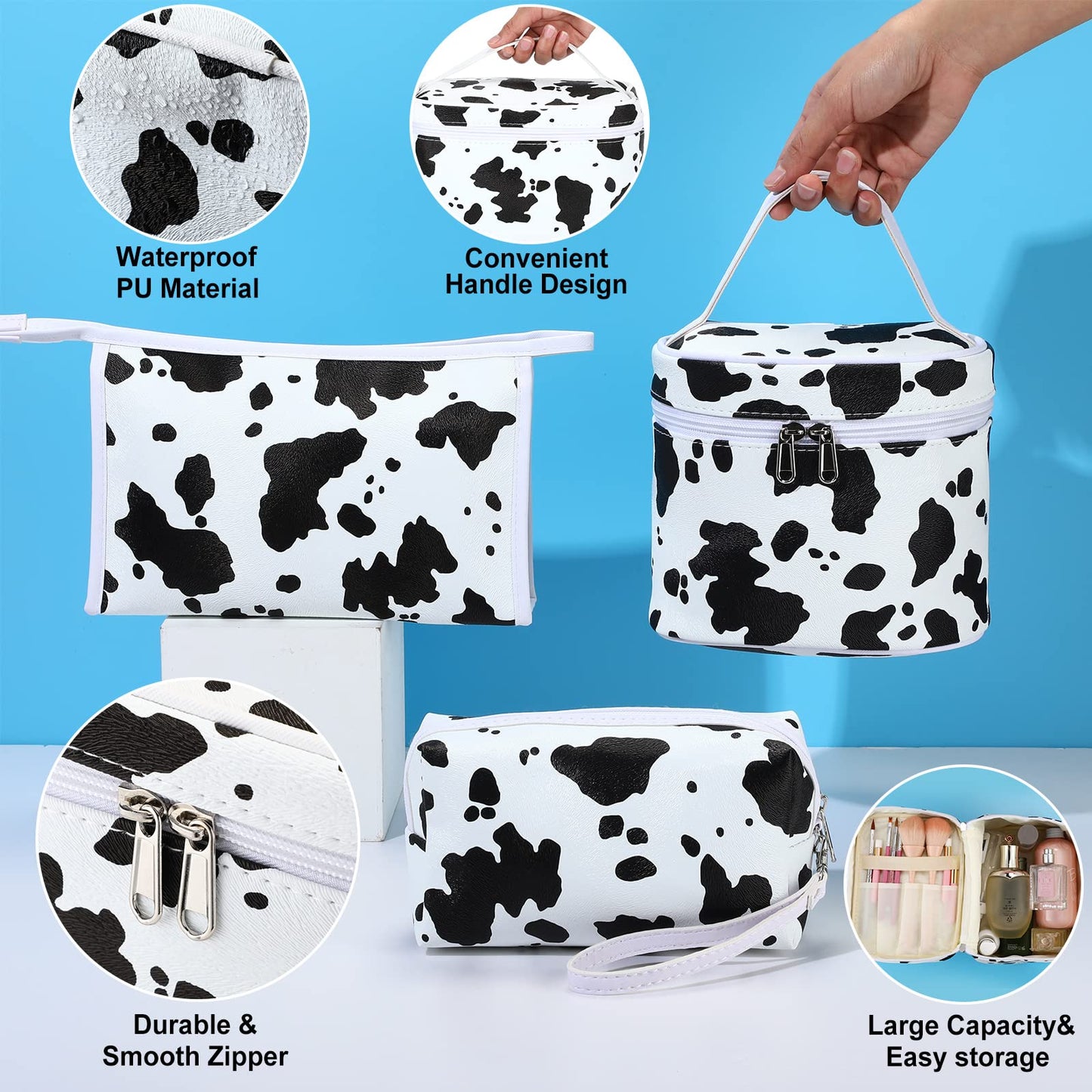 Saintrygo Set of 6 Makeup Bag Set Travel Cosmetic Bag Cow Print Toiletry Pouch Gifts for Women Organizer with Zipper Portable Cute Make up PU Leather Case Washable Waterproof
