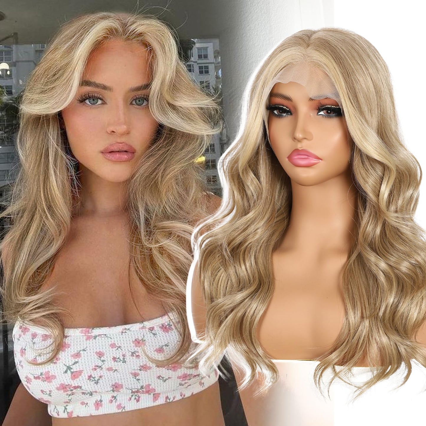 BABEHERS Honey Brown Lace Front Wig 13x4 Pre Plucked Body Wave Synthetic Lace Front Wig for Women Highlight Heat Resistant Hair 22 Inch Daily Use