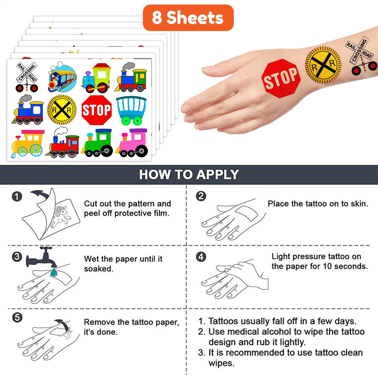 Train Temporary Tattoos for Kids - 8 Sheets 96 PCS Cute Railway Crossing Stickers, Birthday Party Favors, Supplies & Decorations for Boys and Girls