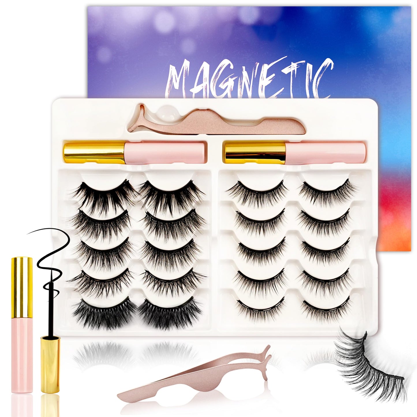 Richsky Magnetic Eyelashes Kit,Reusable 3D 5D Magnetic Lashes Set with Waterproof Eyeliner,10 Pairs Mink False Eyelashes Natural Look, No Glue Needed