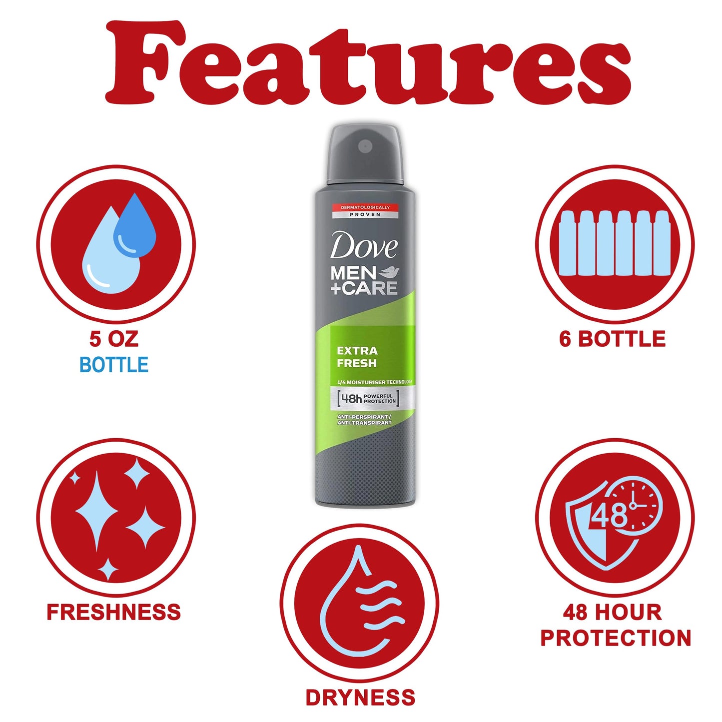 Dove Men + Care Antiperspirant Deodorant Spray, 6 Pack, 48H Protection, Long-Lasting Extra Fresh Scent, Soothes & Moisturises Skin, 5 oz. Each