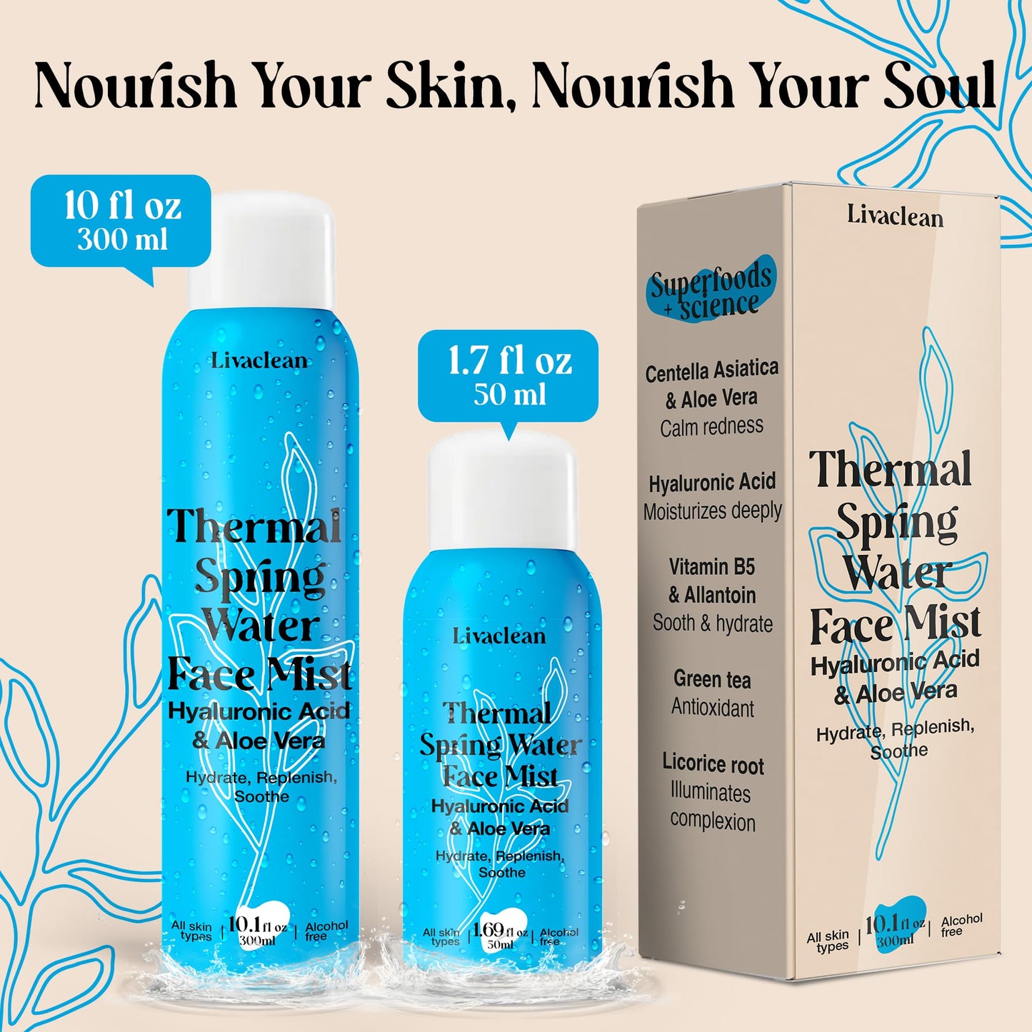 300ml + 50ml Thermal Spring Water Face Spray Mist Hydrating w/ Hyaluronic Acid & Aloe Vera - Hydrating Face Mist, Soothing & Calming, Mineral-Rich Skin Nourishment, Refreshing, 10 fl oz + 1.7 fl oz