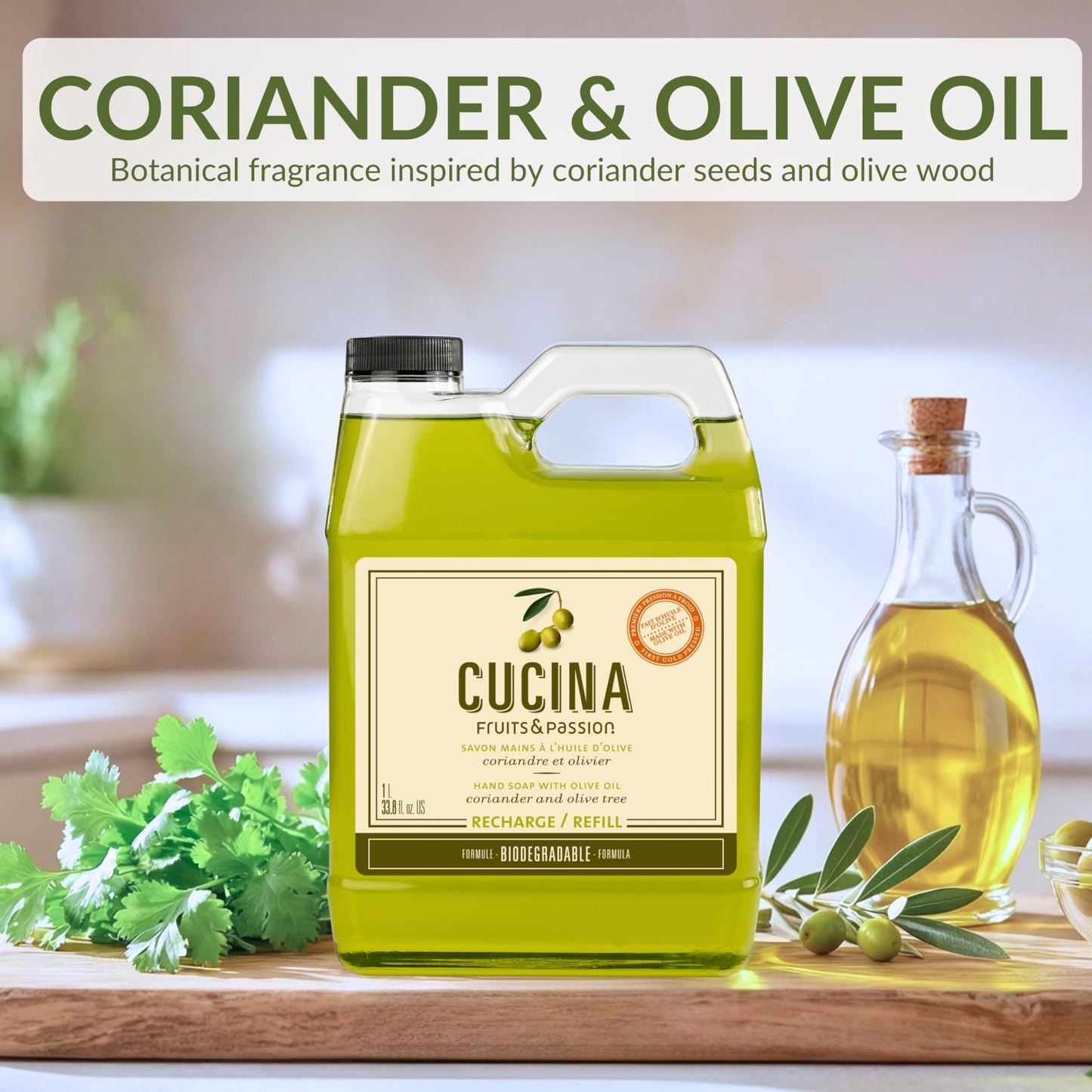 Cucina Fruits & Passion Hand Soap Refill, Coriander & Olive Tree, 1 L (33.8 fl oz), Liquid Hand Soap with Moisturizing Olive Oil, Biodegradable, Vegan Formula, Kitchen & Bathroom