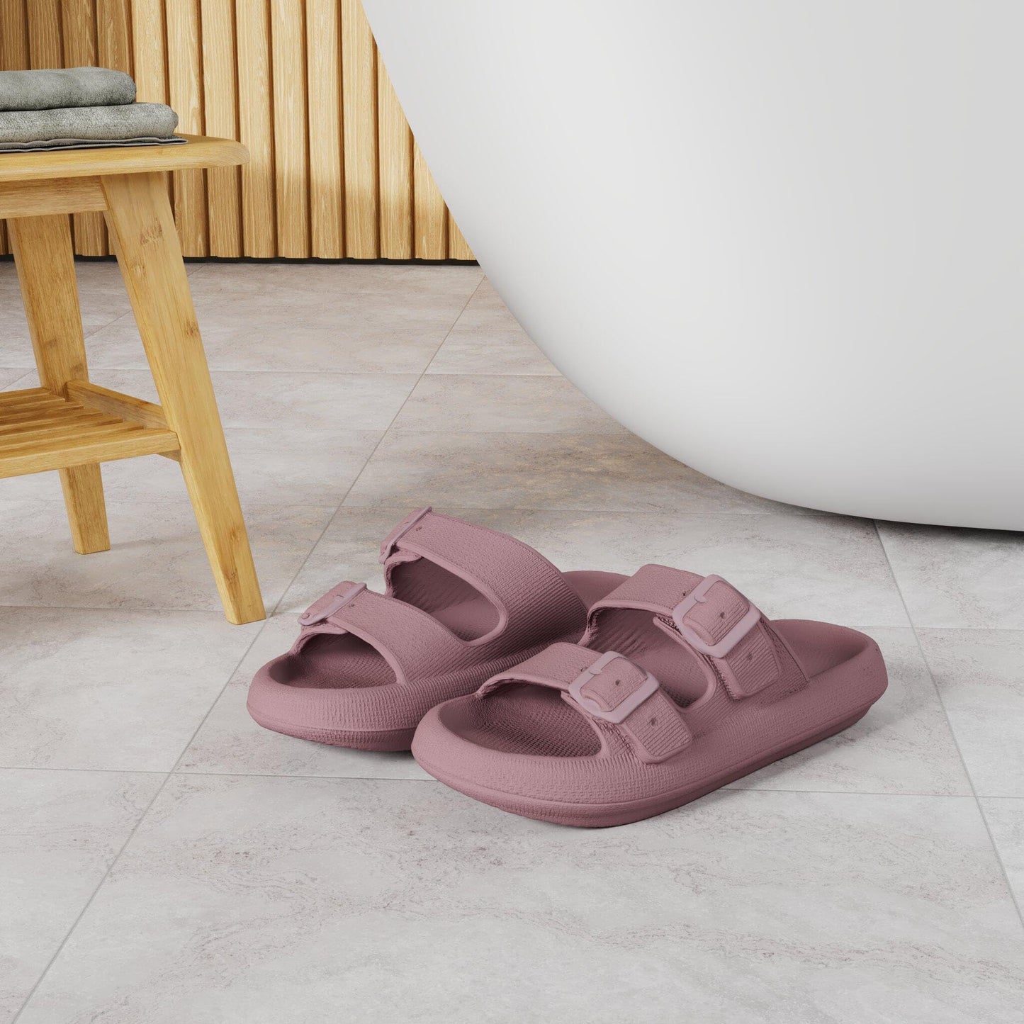 WHITIN Slides Shower Slides Women Men Thick Sole Open Toe Massage Double Buckle Slippers EVA Foam Soft Cushion Bathroom House Spa Pool Sandals Blush