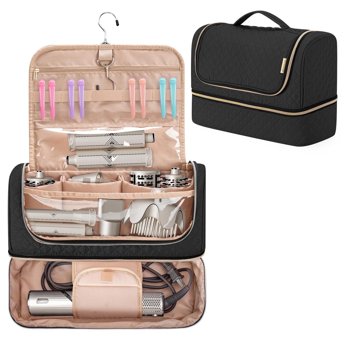 Yarwo Large Airwrap Storage Bag Compatible for FlexStyle Styling (HD 430/440), Double Layers Travel Case Box for Flexstyle/Airwrap and Hair Styler Attachments, Black (Bag Only)
