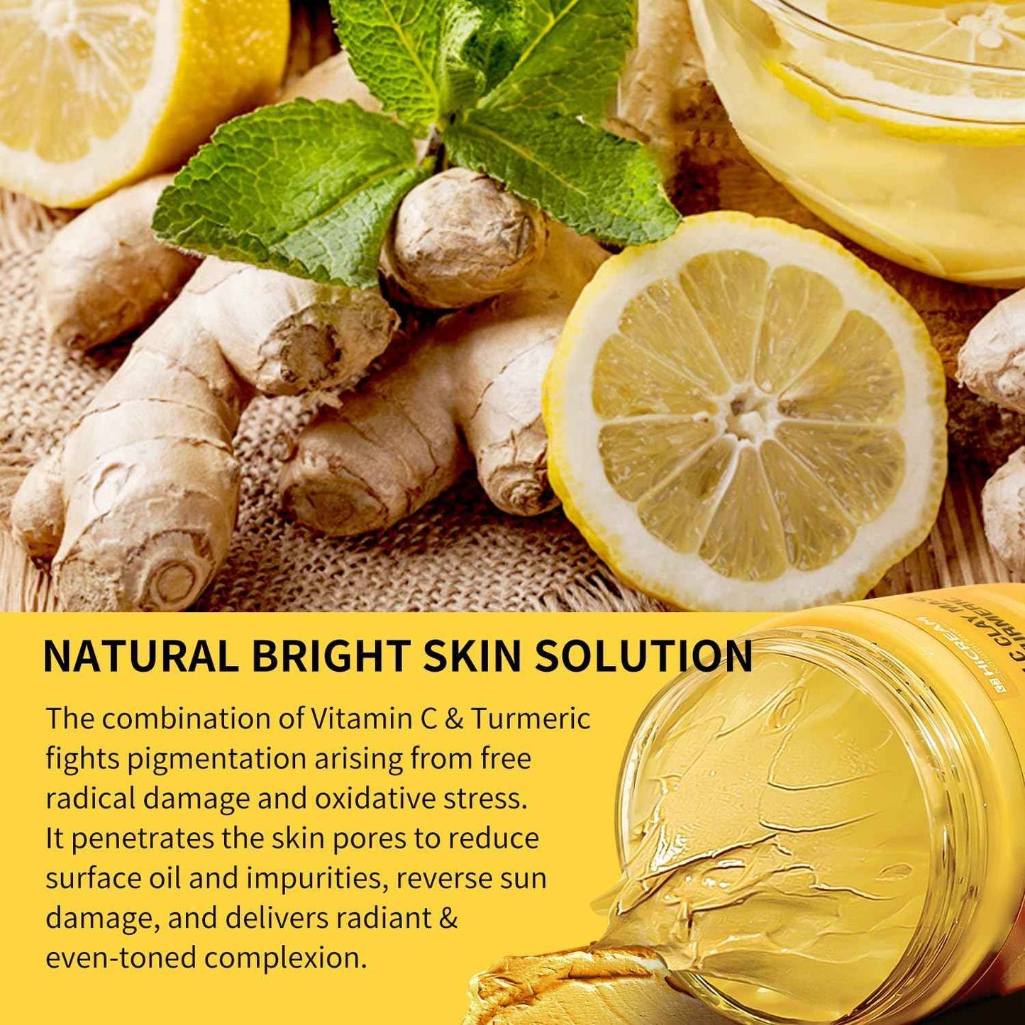 Hicream Turmeric Vitamin C Clay Mask with Kaolin Clay and Turmeric for Dark Spots, Dull Skin, Skincare Facial Mask for Controlling Oil and Refining Pores 5.29 Oz (yellow)