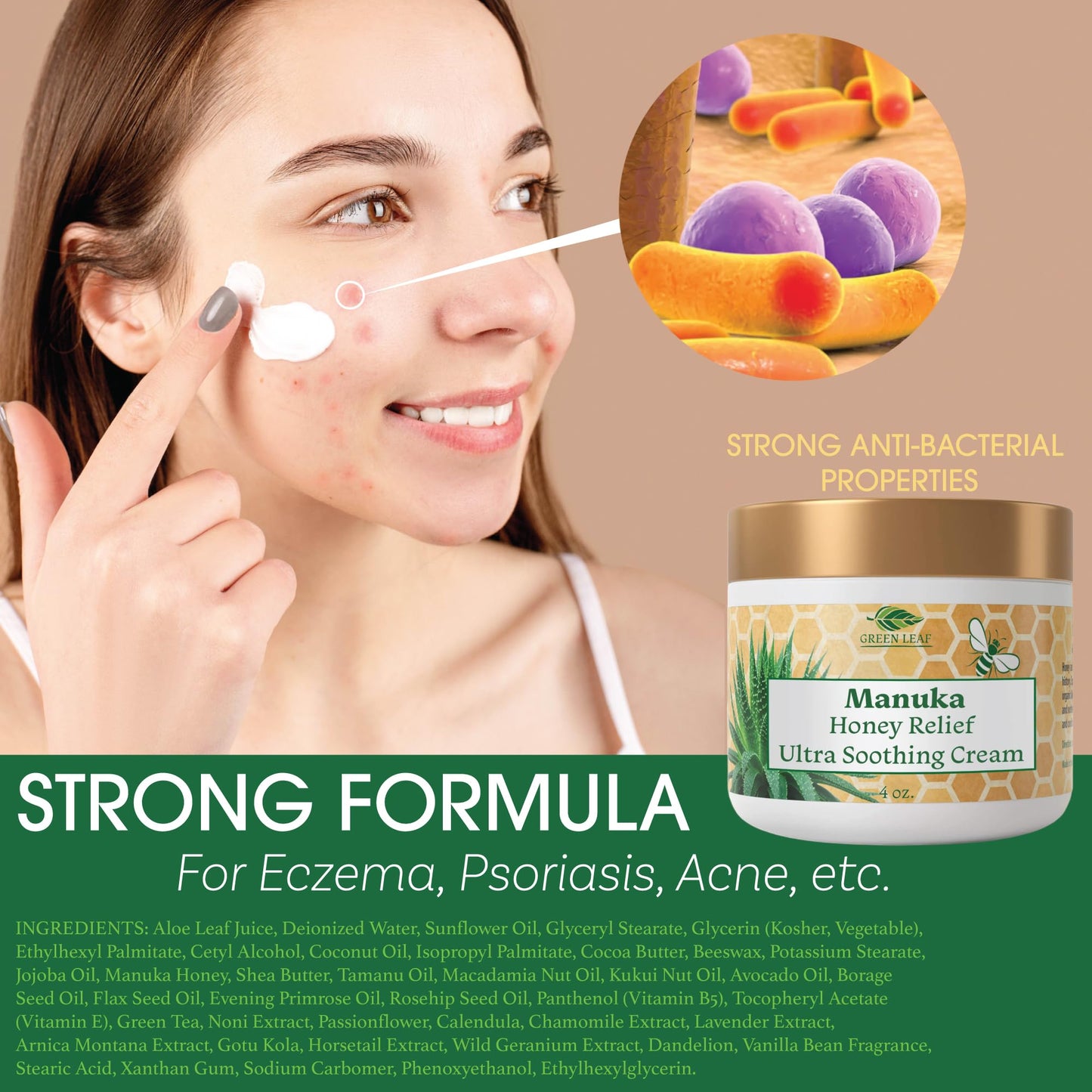 Green Leaf Naturals - Manuka Honey Face Cream - 8oz -Aloe Vera - Jojoba Oil Infused - Body Cream - Gluten Free Moisturizer for Kids & Adults - Nourishing Skin Care