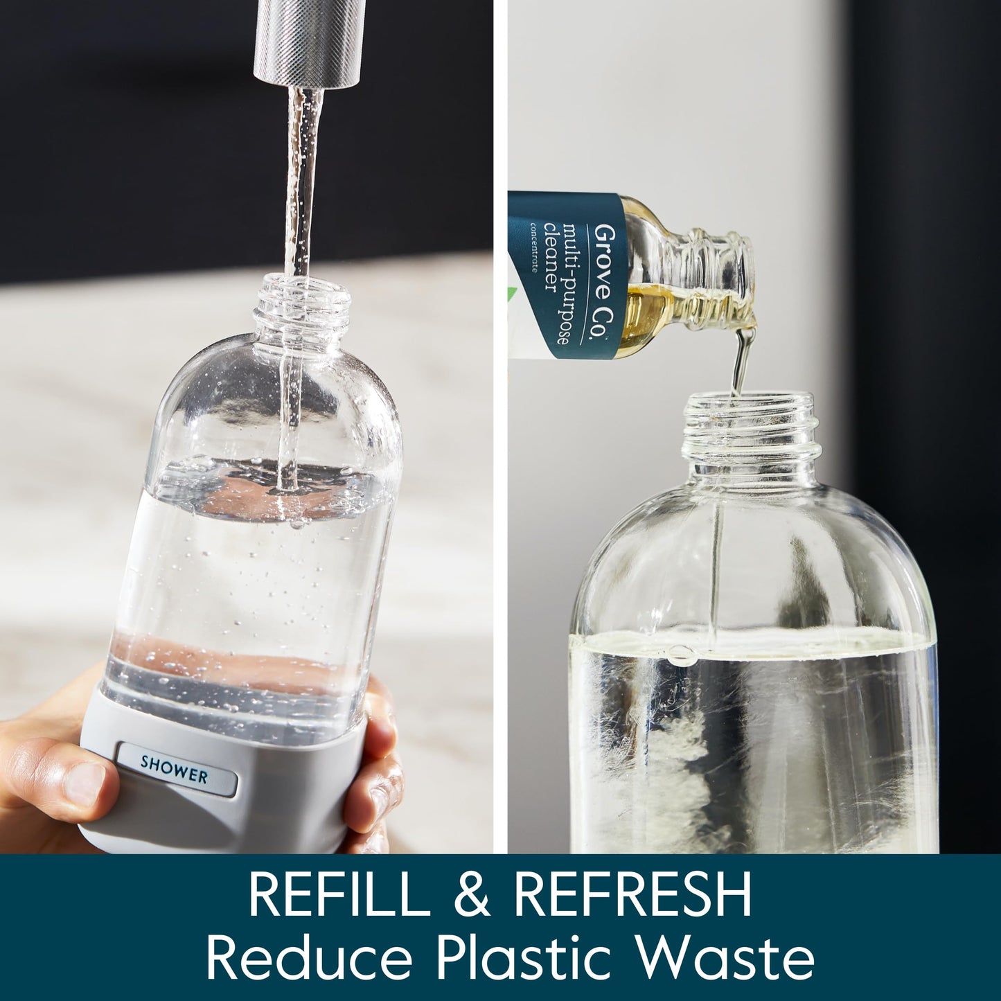 Grove Co. Glass Spray Bottles for Cleaning Solutions, 2-Pack Bundle, Unique Silicone Sleeve Slide & Snap Custom Label, Refillable Spray Bottle, Made from Recycled Glass, 2 x 16 oz