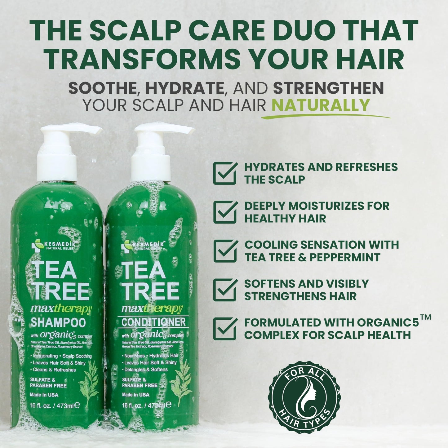 KESMEDIK Tea Tree Shampoo and Conditioner Set MaxTherapy with 100% Tea Tree Oil for Hair, Helps Refresh Itchy Scalp, Deep Clean Oily Hair, Dandruff & Buildup, Sulfate-Free, Women & Men, 16 fl oz Each
