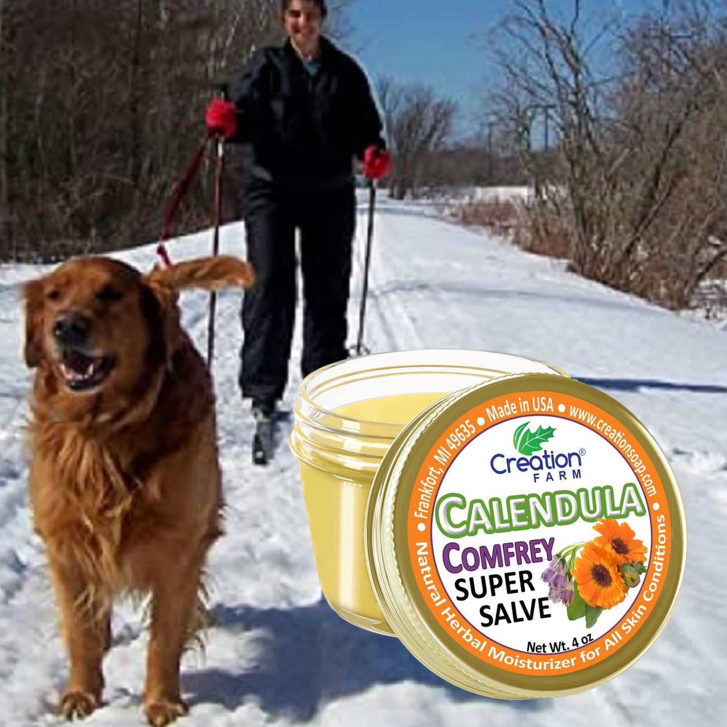 Calendula Comfrey Super Salve by Creation Farm, Herbal Balm, Moisturizer, and Ointment with No Gluten, Soy, GMO or Parabens, Made in USA Comforts many issues.