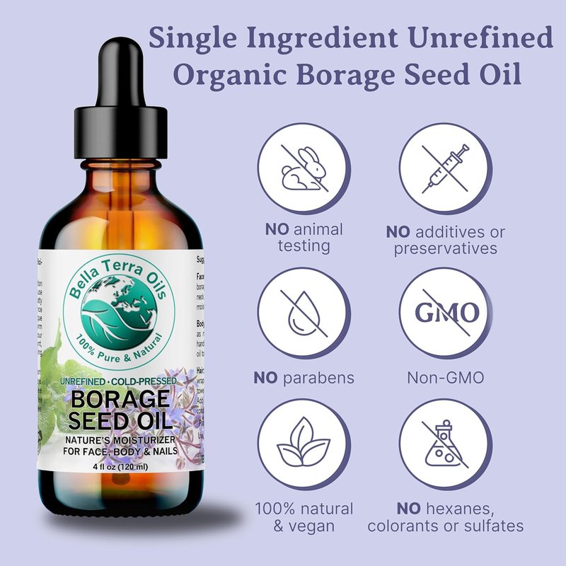 Organic Borage Seed Oil - 4 oz Pure Oil Rich in GLA & Omega-6 | Elevate Skin Radiance & Softness