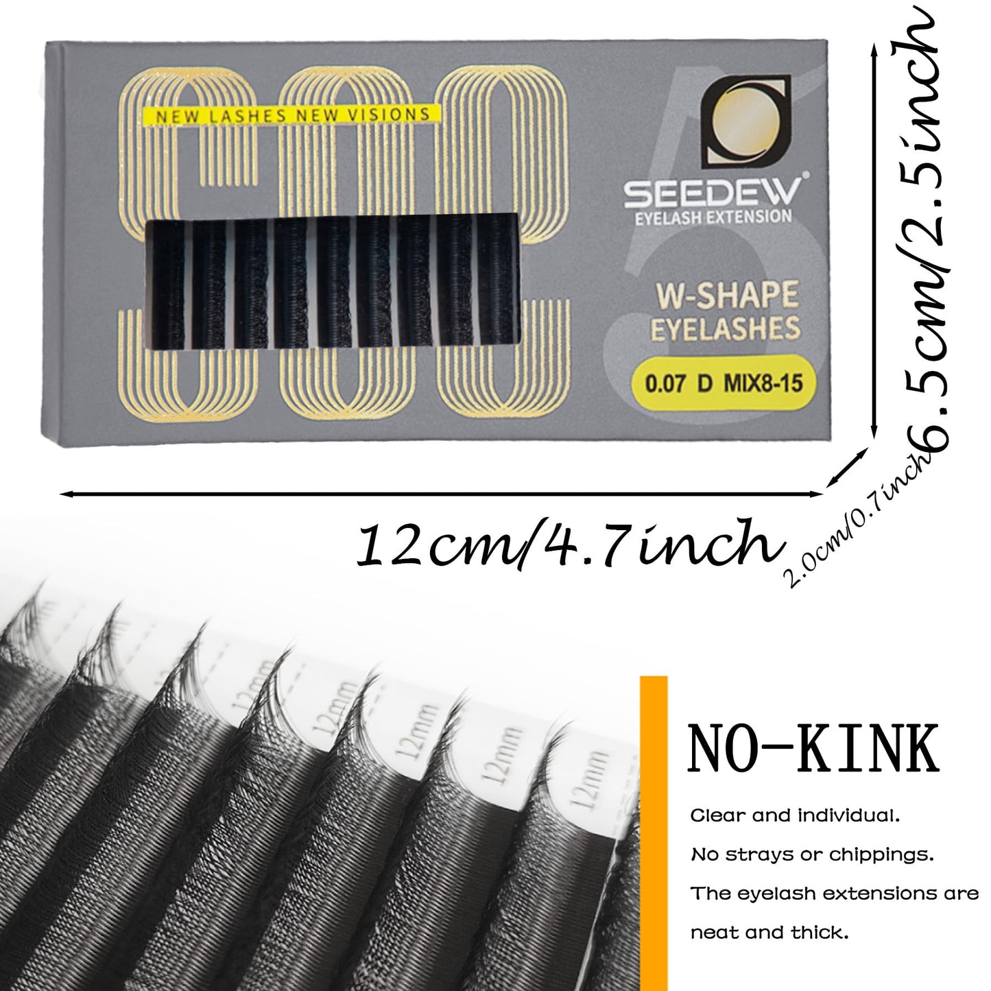 SEEDEW 5D Lash Extensions, 0.07mm C Curl 13mm 12 Rows/Tray, W Shape Flat Stem, Korean PBT Volume False Eyelashes Grafting for Beginner Artist, Lash Tech, Beauty Salon(5D-Matte Black-0.07-C-13mm)
