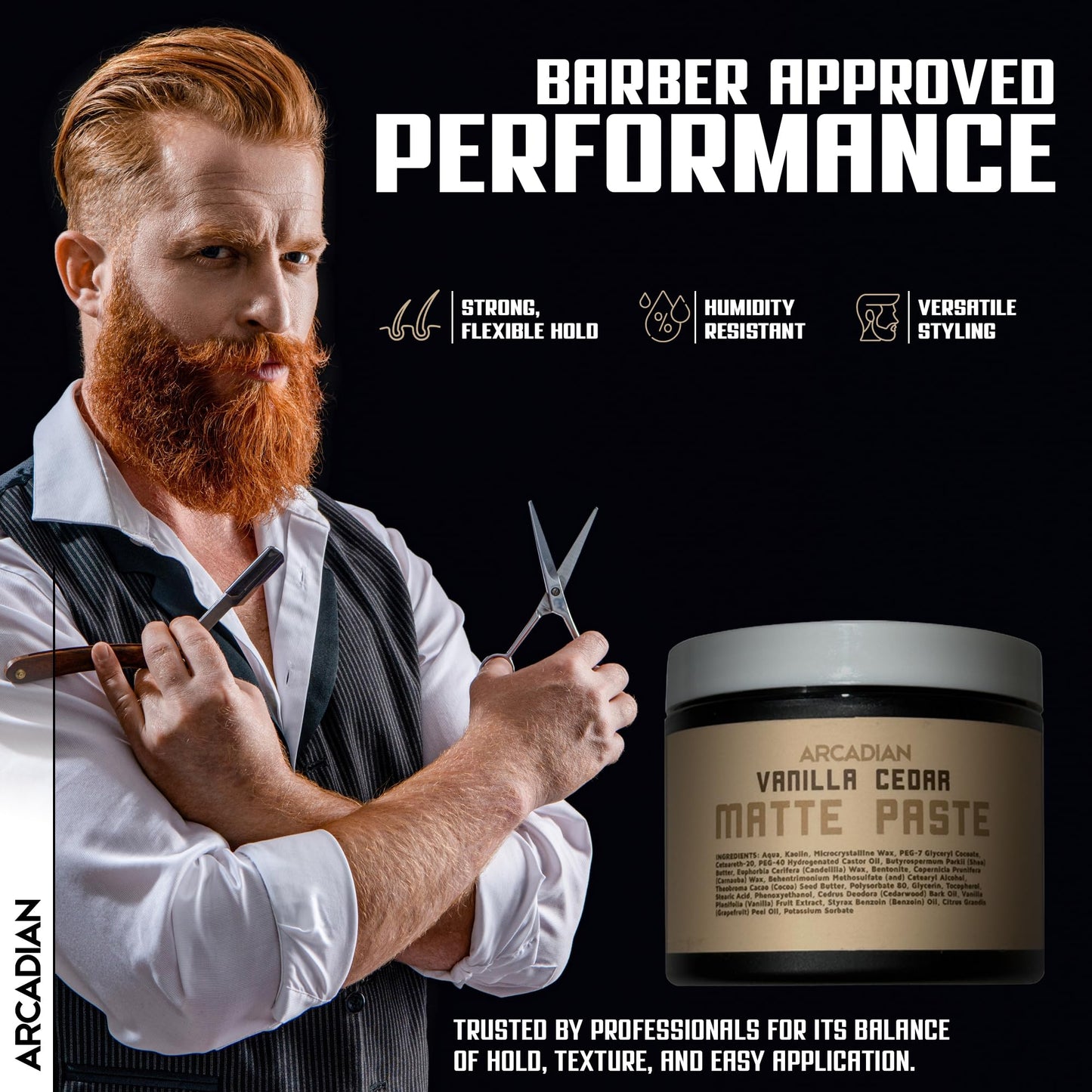 Arcadian Grooming Vanilla Cedar Matte Paste Mens Hair Styling Cream Heavy Hold Vegan Cruelty Free, 4oz