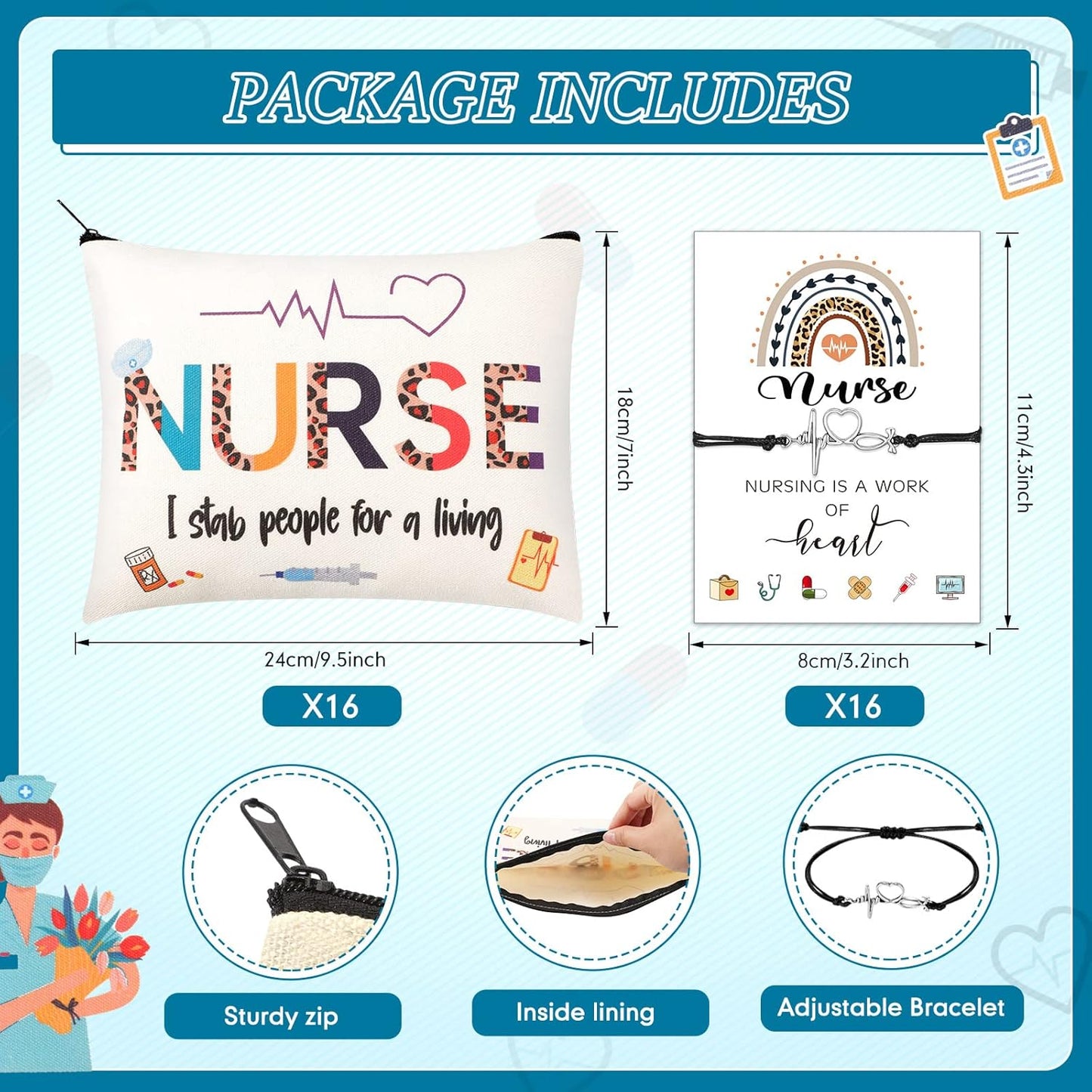 Nurse Appreciation Gift Set - 32 Pcs Canvas Makeup Bags & Blessing Card Bracelets | Perfect for Nurse Week & Christmas