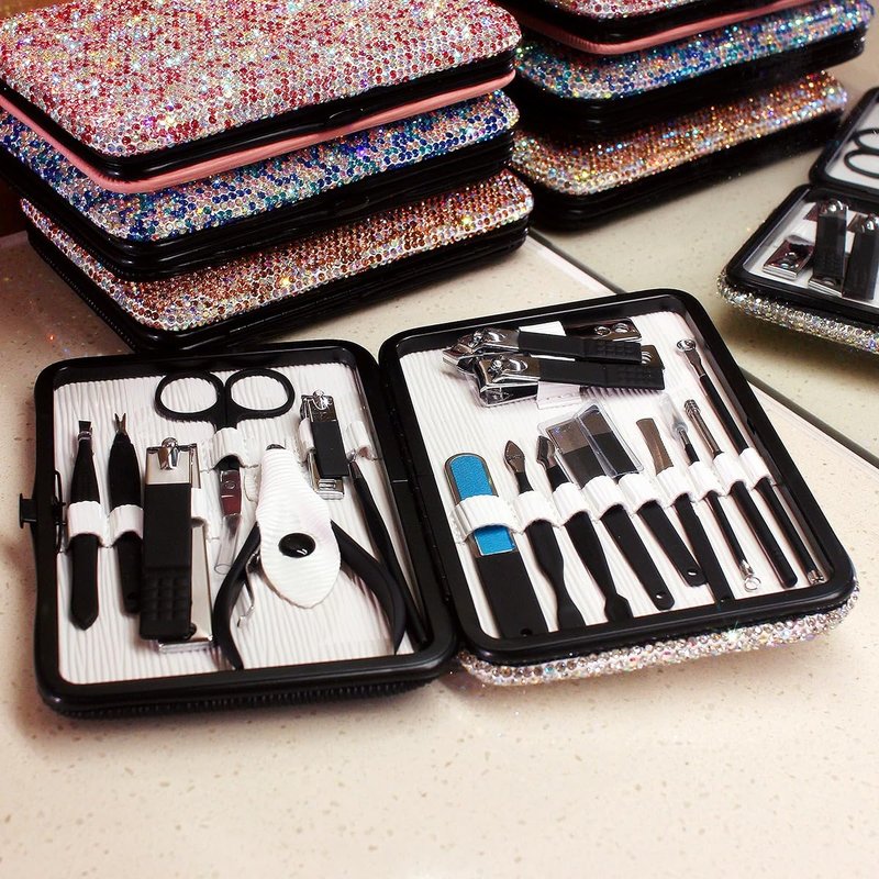 Bling Rhinestone Nail Clipper Set - 18-Piece Nail Care Tool Kit with Sharp Nail Scissors and Cuticle Nippers for Home Use (Silver)