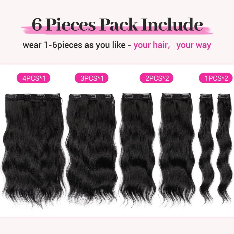 KooKaStyle 14 Inch Clip in Hair Extensions, 6 Pieces Short Hair Extensions,Wavy Synthetic Hairpieces Invisible Lace Weft, Natural Looking Lightweight Thick Hair Pieces for Women Daily Wear, Black