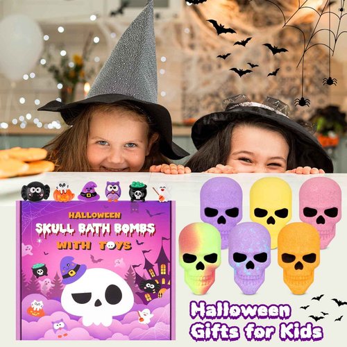 Halloween Bath Bombs for Kids, 6PCS Colorful Skull Bath Bombs with Toy Inside,6 Scented Essential Oil Bubble Bath Fizzy Balls with Pumpkin, Spooky Halloween Toys，Party Favors Gift
