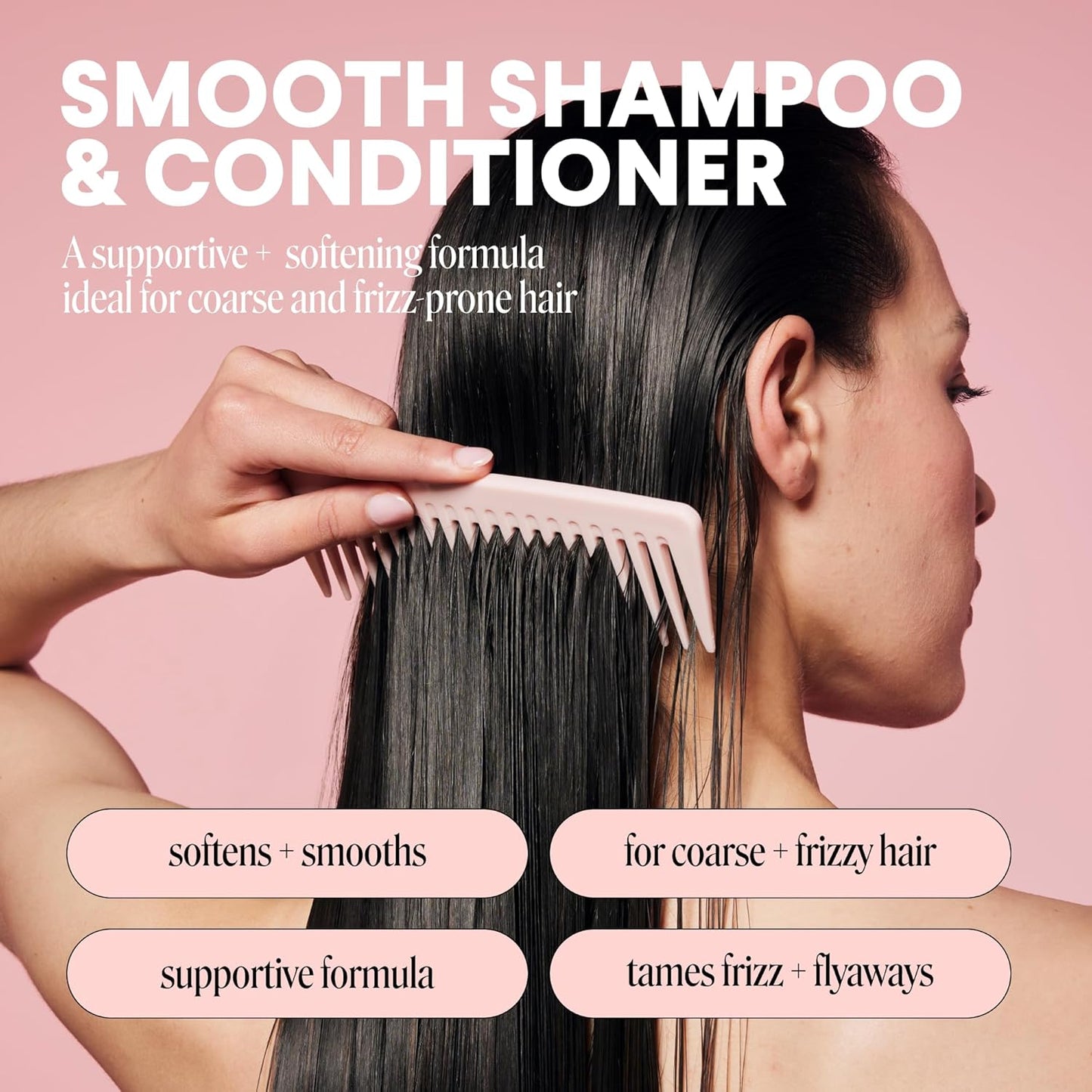Smooth Shampoo & Conditioner Set for Frizzy, Curly Hair - 27 oz Each | Coconut Oil & Shea Butter, Pink