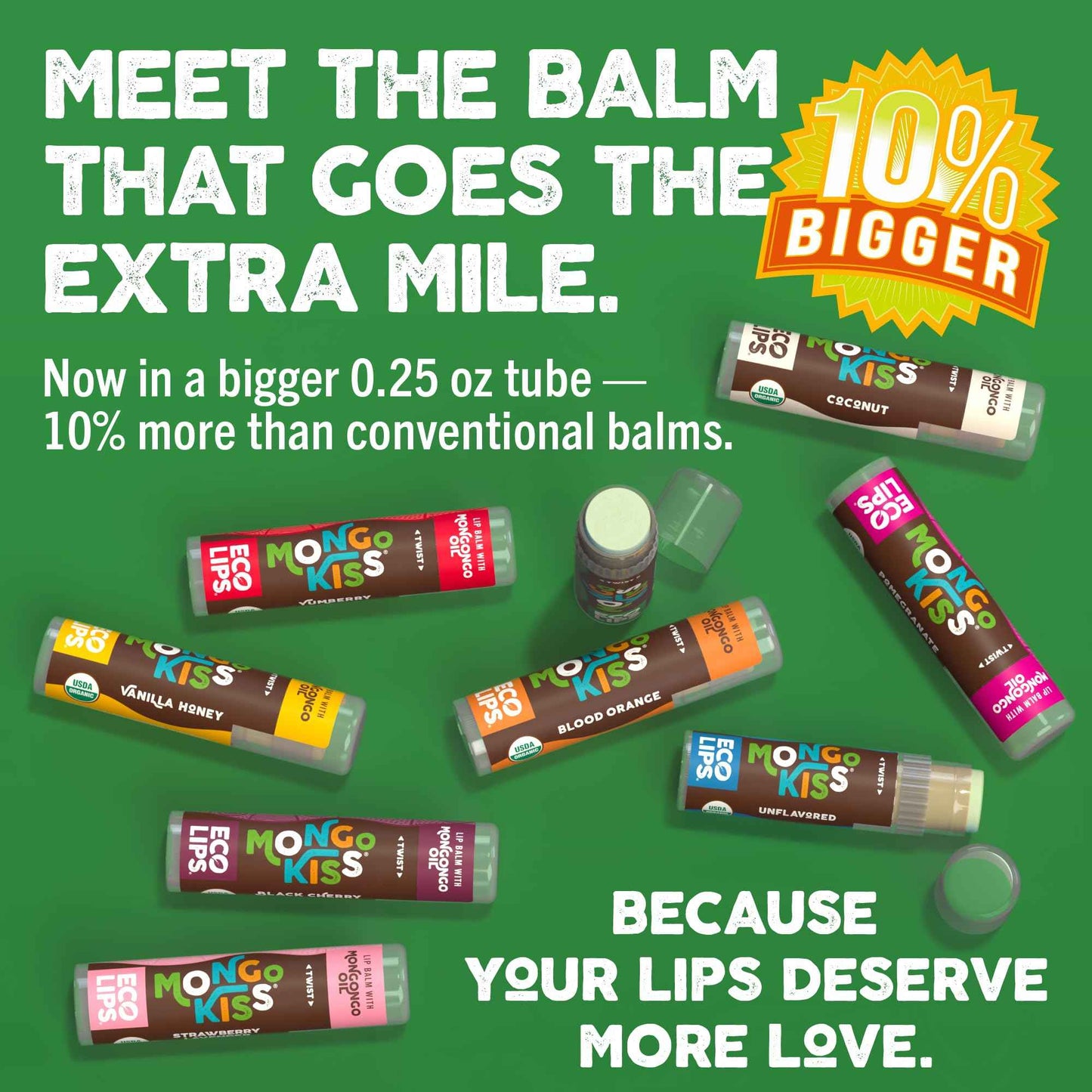 LIP BALM Mongo Kiss 6-Pack (6 tubes) by Eco Lips 100% Organic Beeswax & Cocoa Butter Lip Care with Organic Mongongo Oil - Soothe & Moisturize Dry & Cracked Lips - Made in USA. (Peppermint)