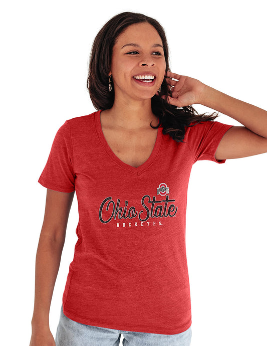 Blue 84 Women's Ohio State Buckeyes Premium V-neck Tri Blend T Shirt, Ohio State Buckeyes Red, XX-Large
