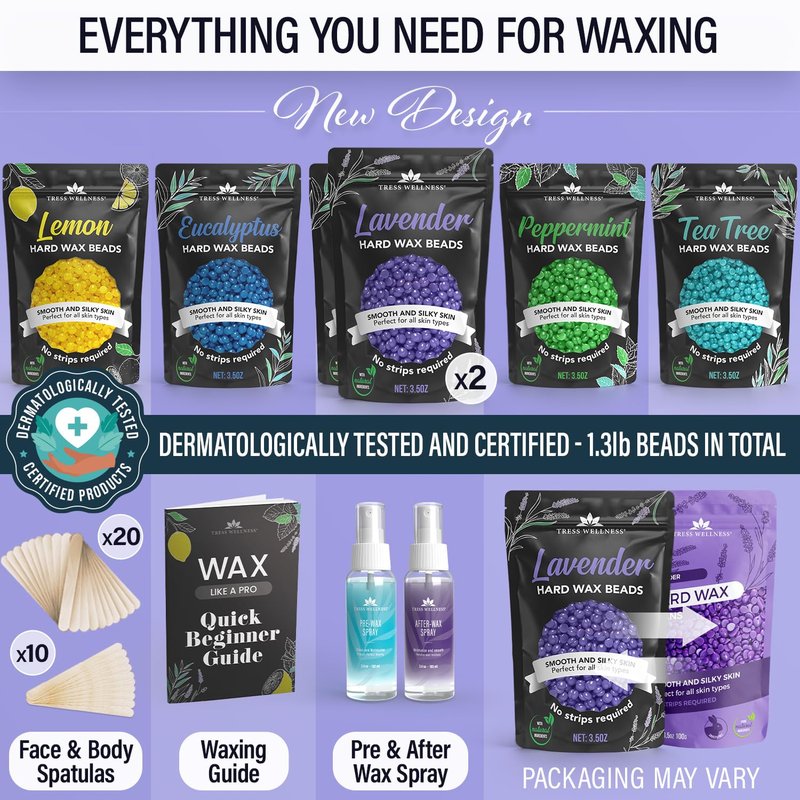 Tress Wellness Wax Beads - Safe for Skin - Dermatologically Tested - At-Home Kit for Bikini, Brazilian & Full Body - Variety 1.3lb