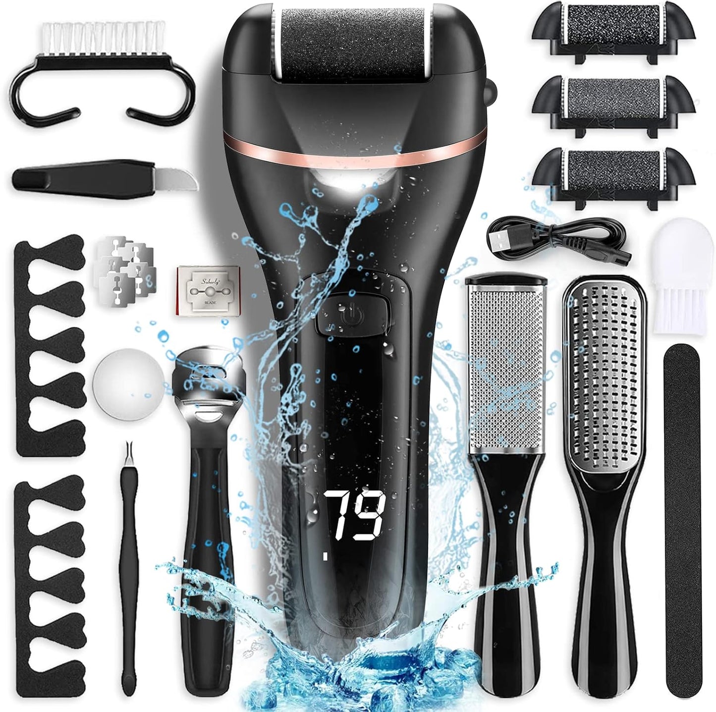 Electric Foot Callus Remover - 3 Roller Heads, 2 Speed Rechargeable | Waterproof Pedicure Tool for Hard Skin Care