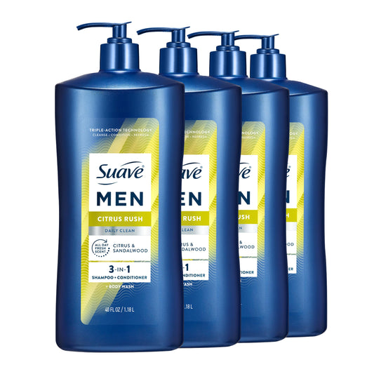 Suave Men Citrus Rush Daily Clean 3 in 1 Shampoo, Conditioner & Body Wash for Men with Glycerin & Keratin Hydrates & Smooths Hair, Citrus Scent, 4 Count, 40 fl oz Pump