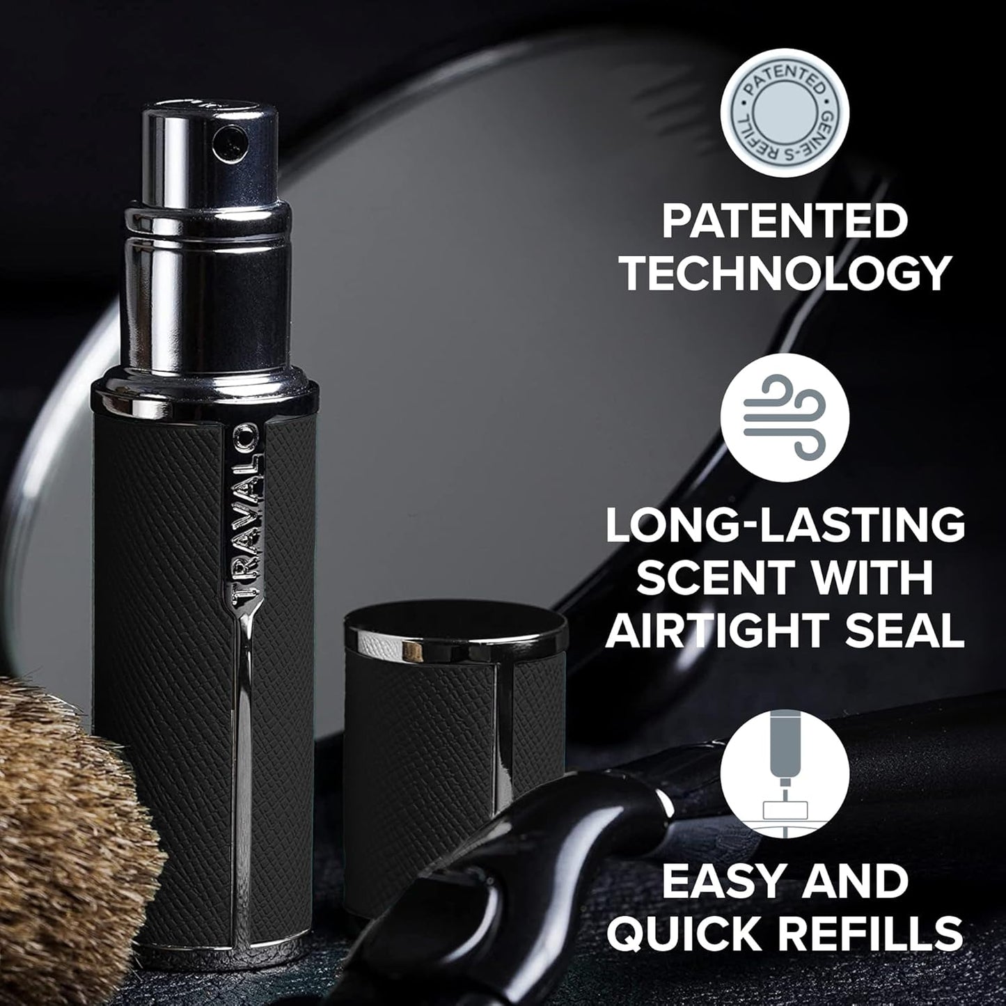 Travalo Milano Perfume Atomizer | Leak-Proof & TSA Approved Mini Sprayer - Reusable Black Vegan Leather with Polished Metal