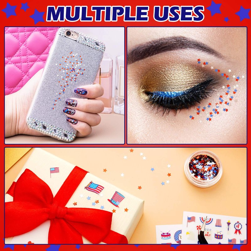Maitys 12 Sheets 4th of July Nail Stickers with 12 Boxes Sequins 250th Anniversary Independence Day Decals 3D Self-Adhesive Patriotic Flag Nail Stickers for Women Manicure Supplies for Women Girls
