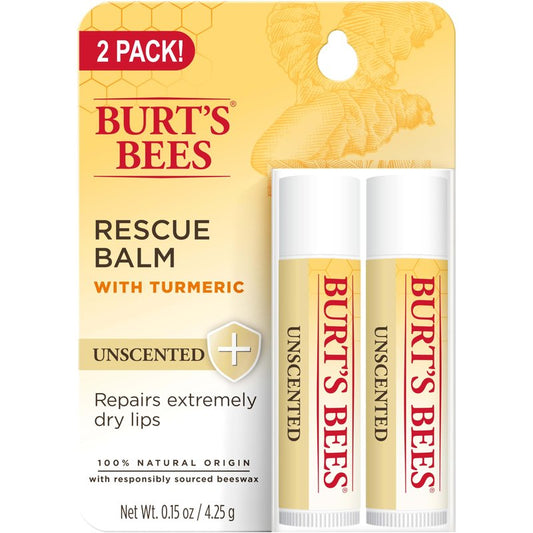 Burt's Bees Rescue Balm Unscented Lip Balm, With Antioxidant-Rich Turmeric, Tint-Free, Natural Origin Lip Care, 2 Tubes, 0.15 oz.