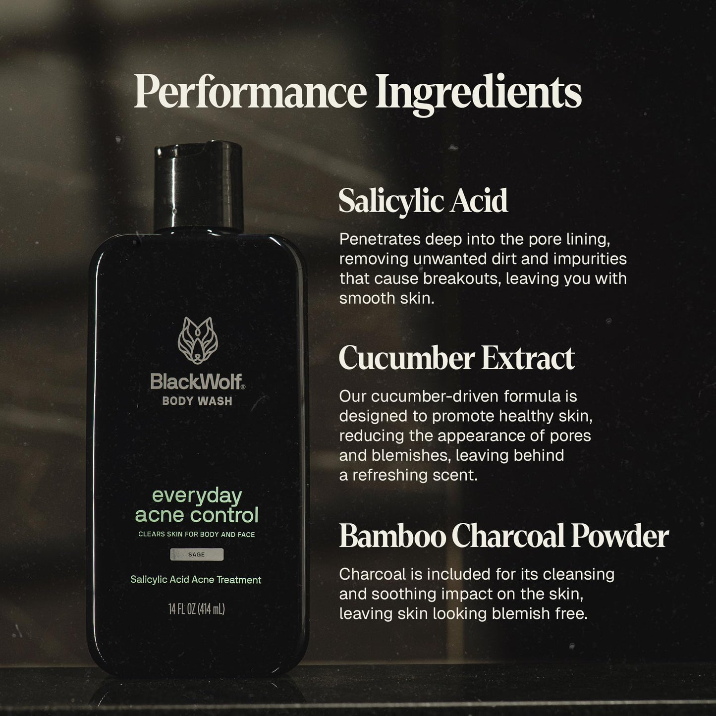 Black Wolf Salicylic Acid Body Wash for Men, 1 Liter - Men's Acne Body Wash - Charcoal Helps Reduce Acne Breakouts & Cleanse Your Skin - Full Coverage & Deep Clean Treatment - Men's Bodywash