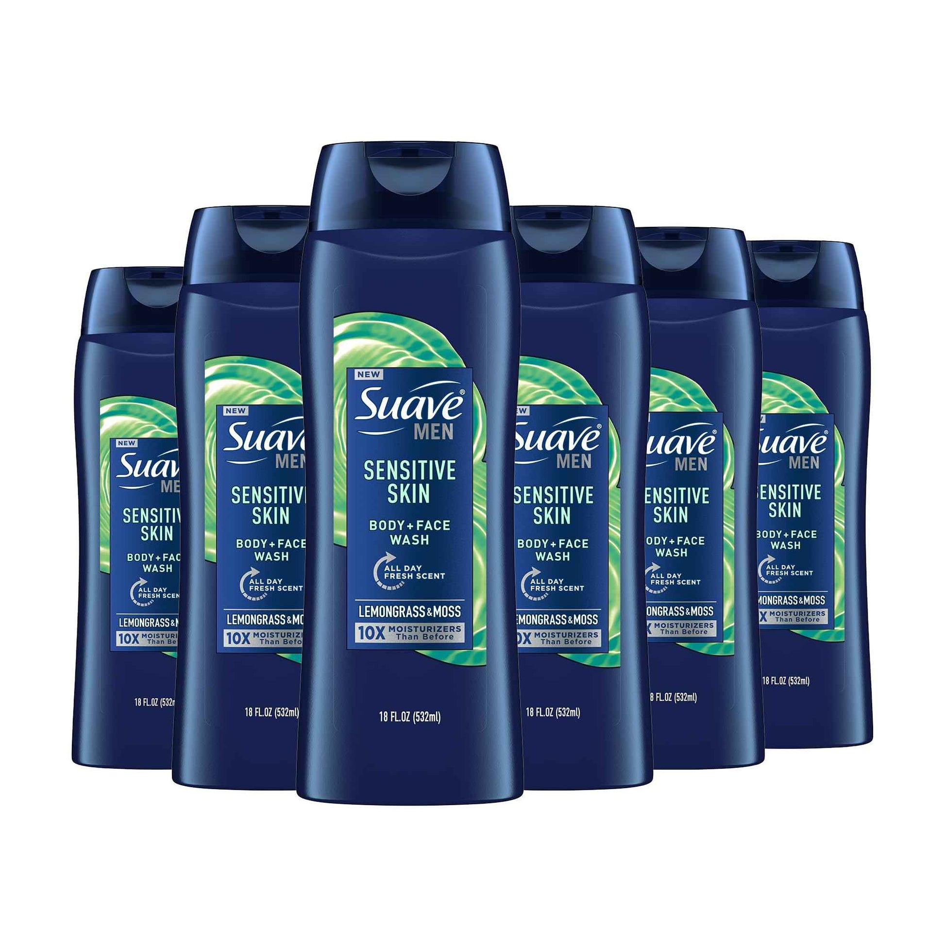 Suave Men Moisturizing Body & Face Wash for Sensitive Skin, Lemongrass scent, No Parabens, No Phtahaltes, 18 Oz Pack of 6