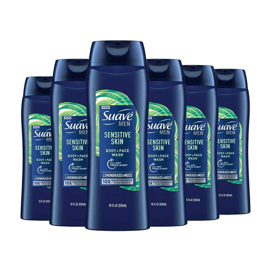 Suave Men Moisturizing Body & Face Wash for Sensitive Skin, Lemongrass scent, No Parabens, No Phtahaltes, 18 Oz Pack of 6