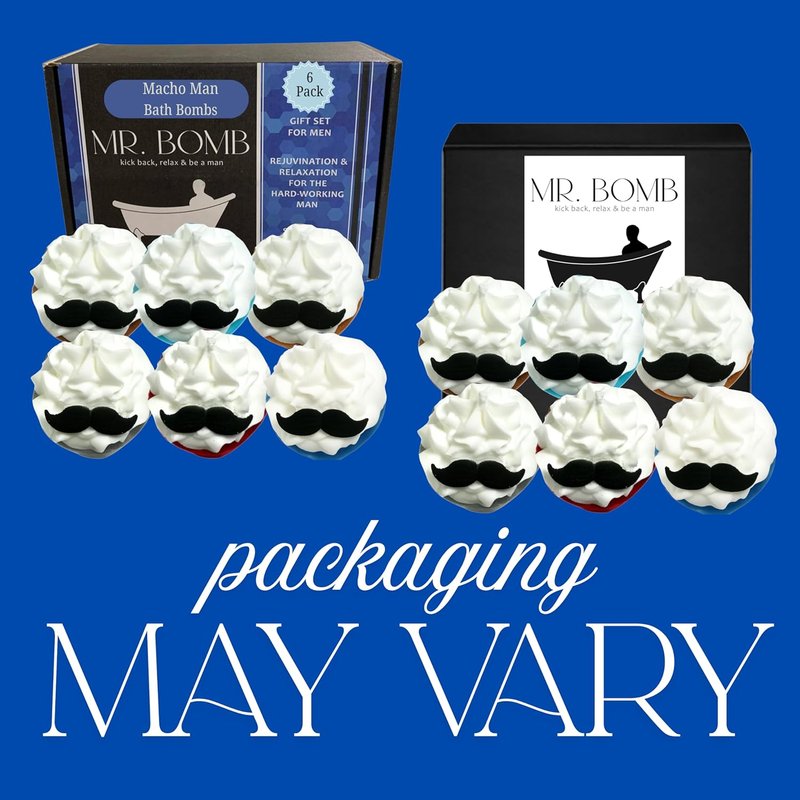 Mr. Bomb Mustache Dude Bath Bombs - Relaxing Masculine Scents for Men | 6-Pack Gift Set