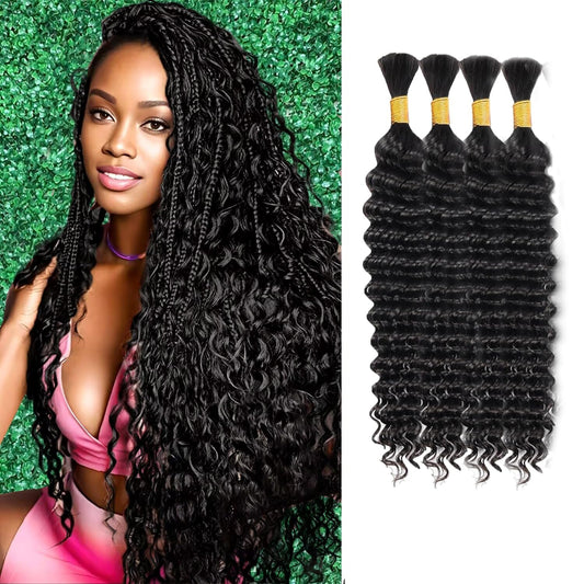 Edwad 22 Inch 100g Human Braiding Hair for Boho Braiding-Deep Wave Human Bulk Boho Hair for Braids 12A Bohemian 4 Bundles/Pack Natural Color