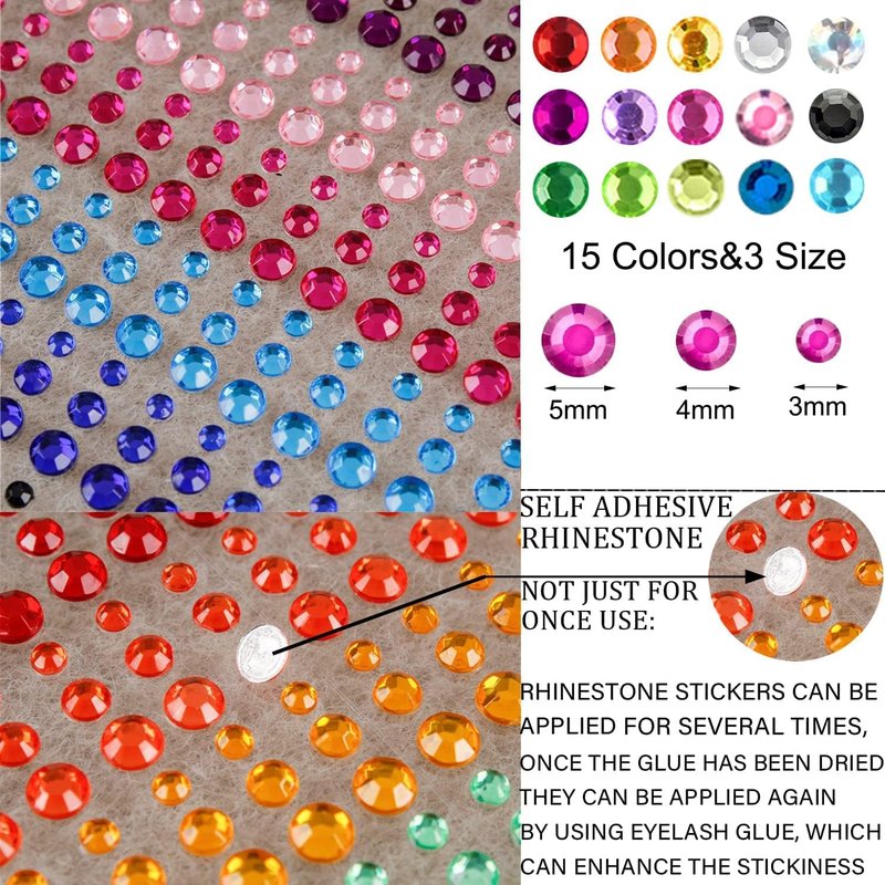 1100 Pcs 15 Colors Rainbow Rhinestones Self Adhesive Halloween Rhinestones for Makeup Eyes Face Jewels Body Gems Stick on Festival Accessories Costume Body Nail DIY Makeup 3mm 4mm 5mm…