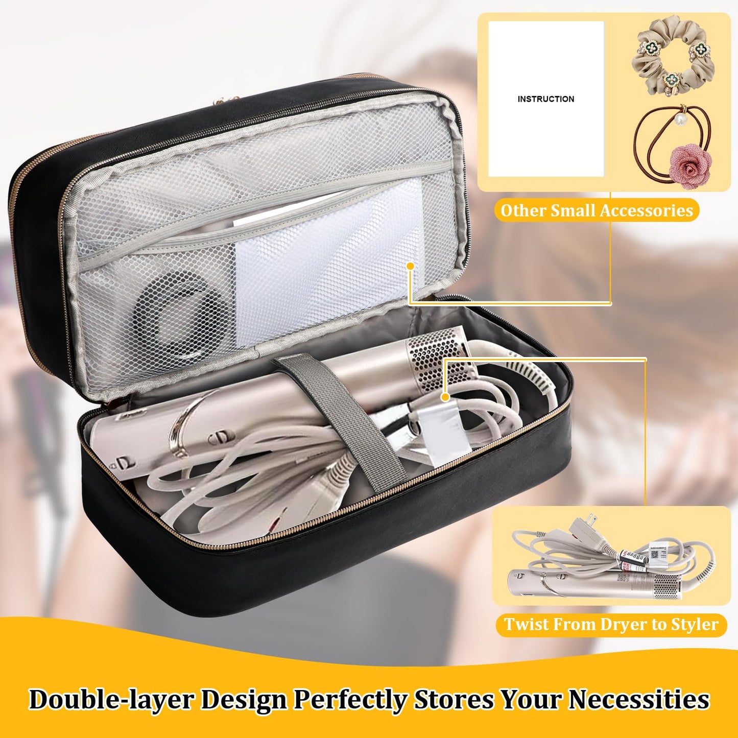 Sambois Travel Carrying Case for Shark Flex Style, Double Layer Storage Case for Shark SpeedStyle Hair Dryer Attachments, Waterproof PU Leather Organizer Bag for Shark Flexstyle Airwrap Styler (Black)