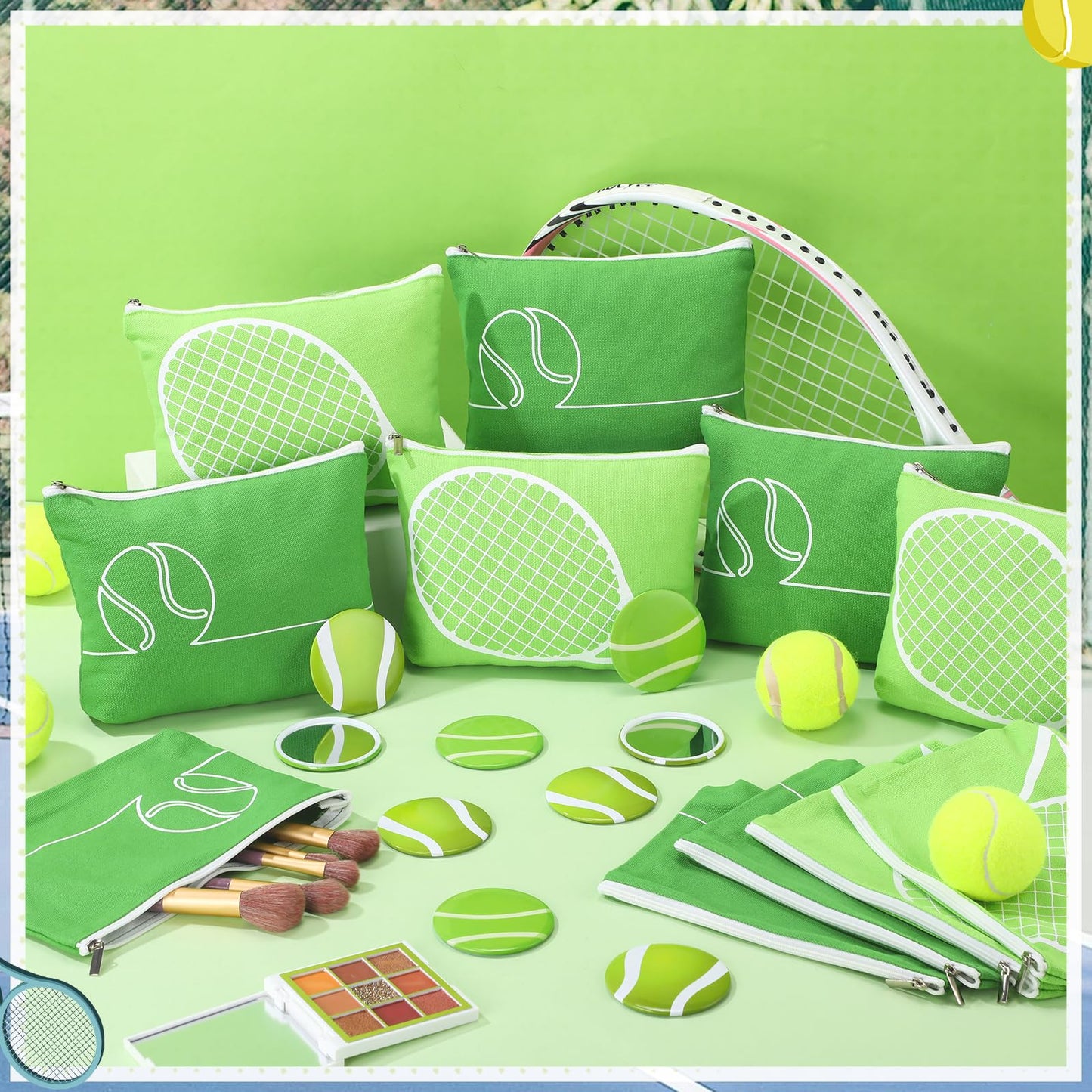 Kacctyen 24 Pcs Tennis Gifts Bulk for Women Tennis Lovers Canvas Makeup Bags Compact Mirrors Accessories Team Gifts Bulk for Coach Birthday Back to School Party Favors