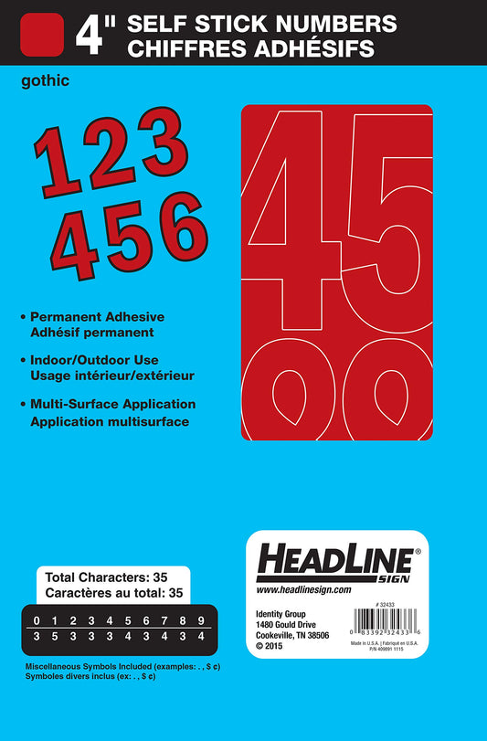Headline Sign 32433 Stick-On Vinyl Numbers, Red, 4-Inch, Made in USA