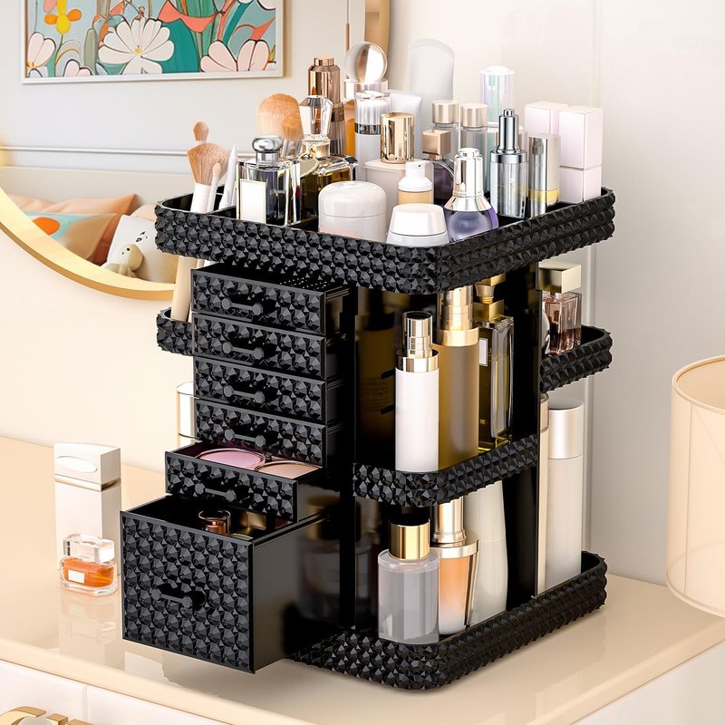 360 Rotating Makeup Organizer - Large Clear Acrylic Vanity Storage with 6 Drawers | Adjustable Spinning Cosmetic & Perfume Holder (Black)