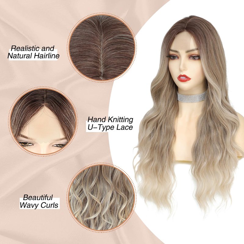 NAYOO Long Wavy Blonde Wig for Women - 26 Inch Ash Blonde Ombre Wig with Dark Roots, Natural Looking Dirty Blonde Ombre Wig, Middle Part Heat Resistant Fiber Wig for Daily Wear Party Cosplay