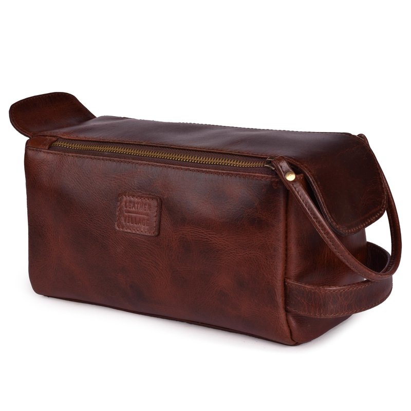 LEATHER VILLAGE Genuine Leather Travel Toiletry Bag - Water-Resistant Dopp Kit for Toiletries, Large Shaving Bag & Bathroom Organizer - Gift for Men & Women - Cherry Brown