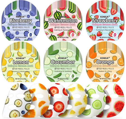 KONEUK 60 Pack Colorful Fruit Face Masks Skincare Set, Bulk Sheet Facial Mask for All Skin Types, Collagen Hydrating Face Mask for Women, Spa Party Gifts and Bridal Shower Favors (6 Types x 10 Pcs)