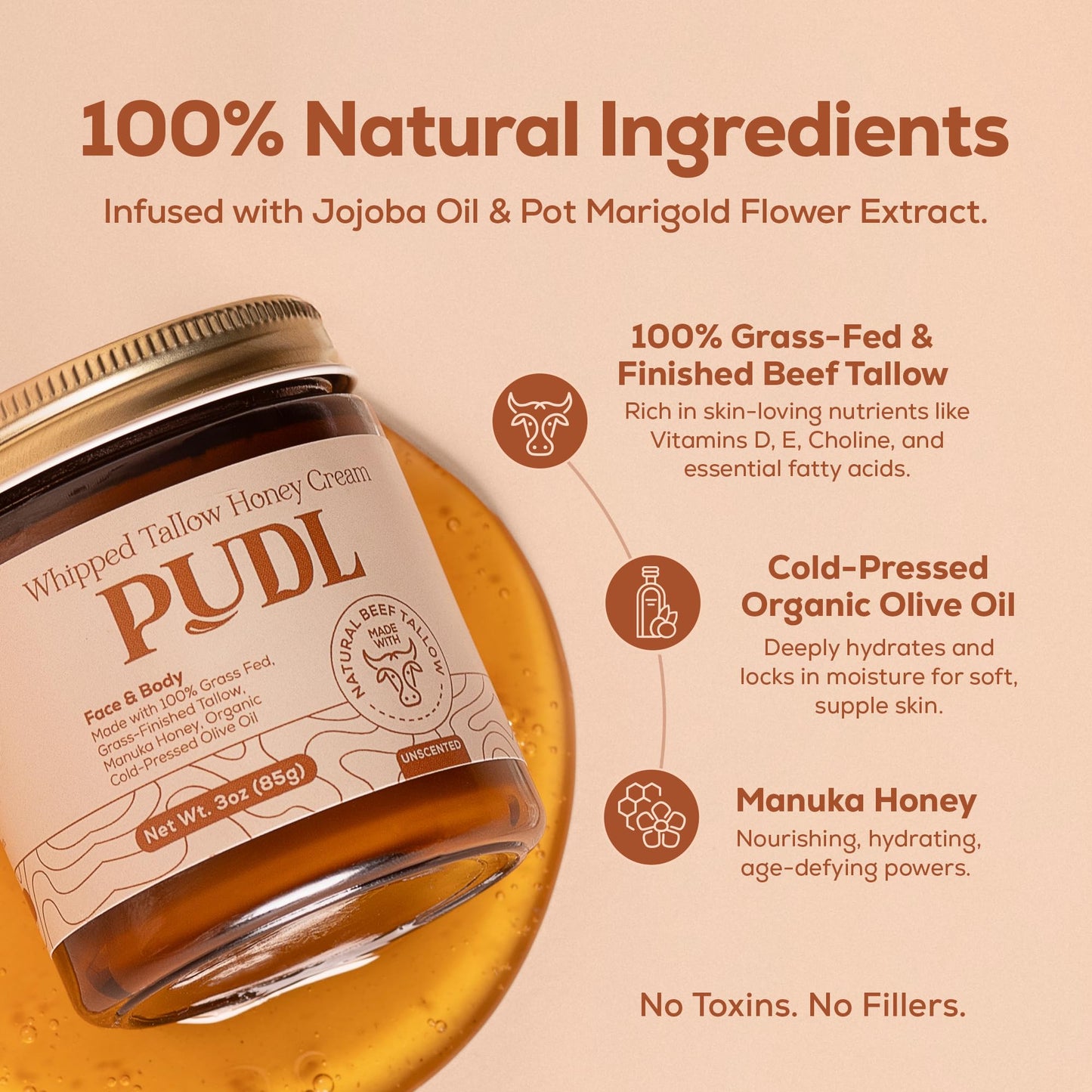 PUDL Whipped Beef Tallow Face Cream with Manuka Honey – Grass Fed Grass Finished Tallow Balm with Organic Jojoba & Olive Oil – Natural Face & Body Moisturizer for Sensitive Skin, Made in USA, 3 oz