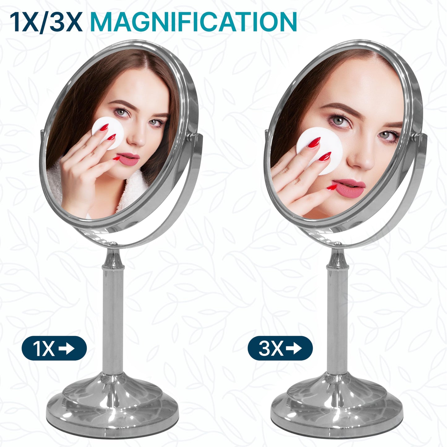 Indecor Home H Halston Stainless Steel Makeup Vanity Mirror 1X, 3X Magnification Round 360 Swivel Mirror for Desk, Bedroom, Bathroom Chrome