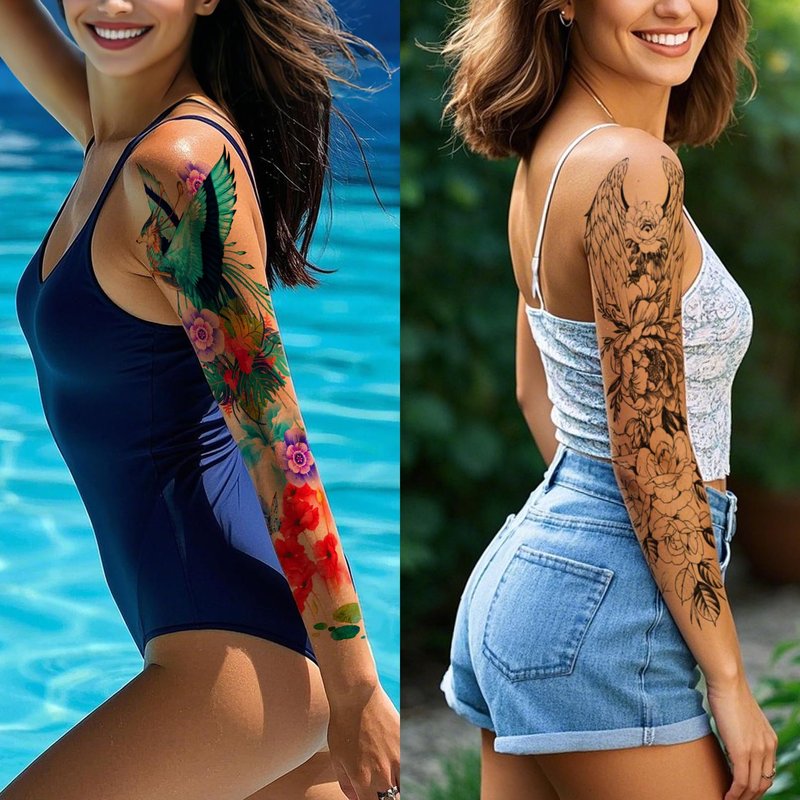 Christmas 8 Sheets Full Arm Temporary Tattoos for Adults, Waterproof Realistic Flower Bird Feather Fake Sleeve Tattoos For Women Men, Tiger Fish Tattoo Set Hand Body Art for Party Celebration Cosplay