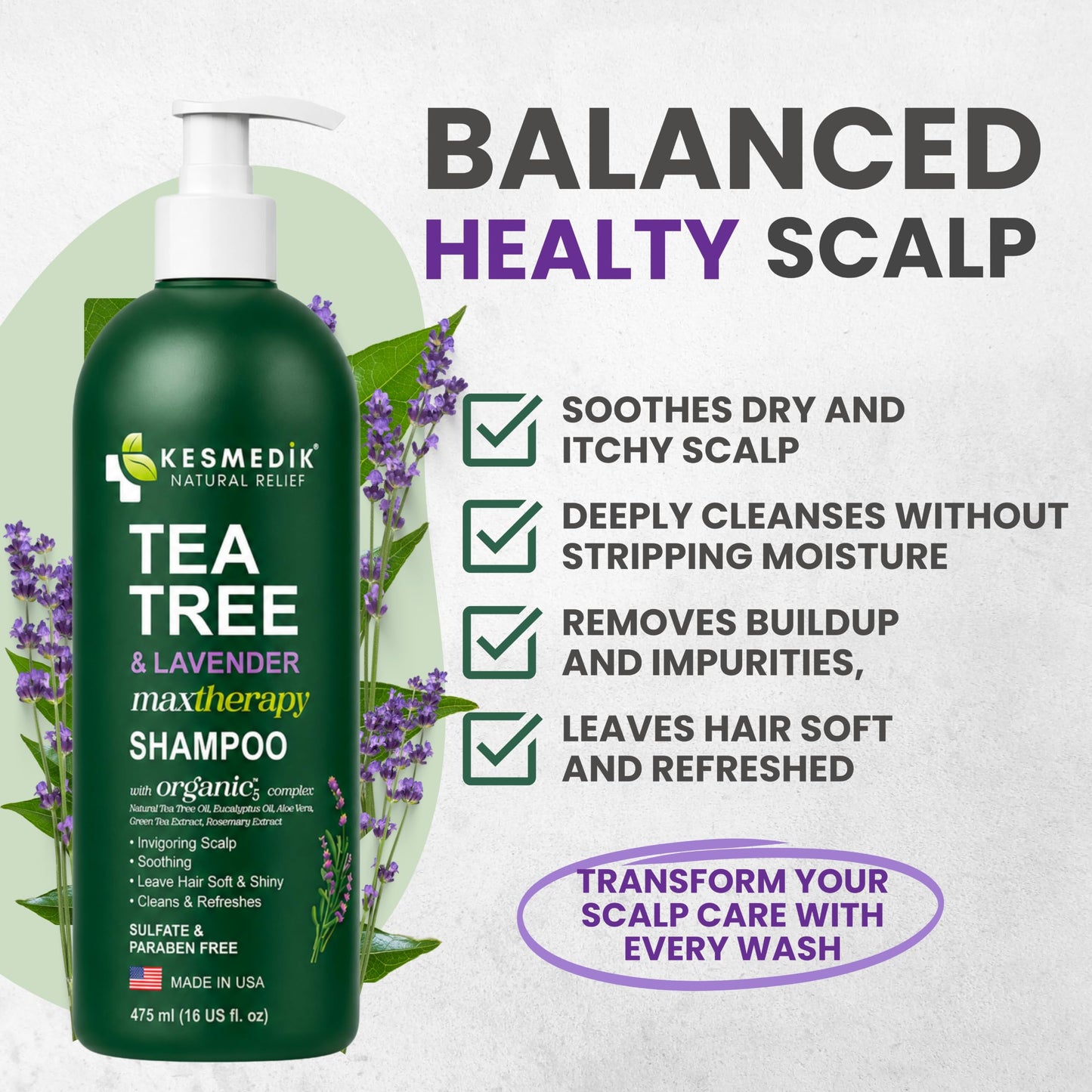 KESMEDIK Tea Tree Lavender Eucalyptus Shampoo with MaxTherapy with 100% Tea Tree Oil for Hair, Helps Refresh Itchy Scalp, Deep Clean Oily Hair, Dandruff & Buildup, Sulfate-Free, Women & Men, 16 fl oz